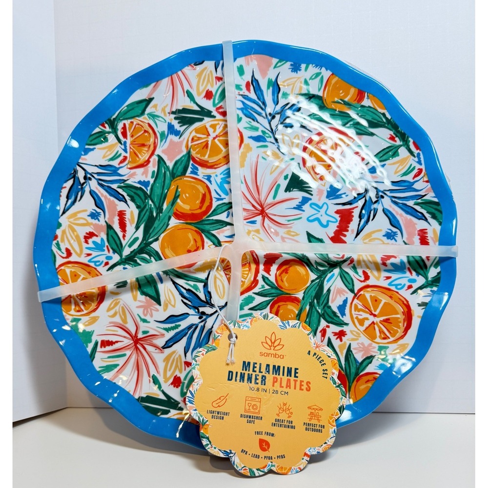Samba New Set of 4 Melamine Dinner Plates 10.8" Citrus Orange Floral Blue Rim